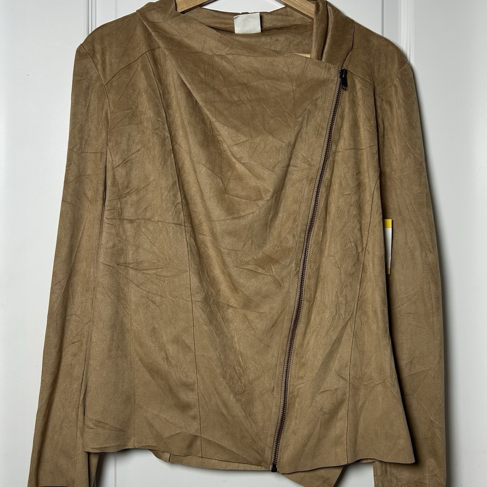 Mote Faux Suede Tan Draped Lapel Asymmetric Zip Moto Jacket 70s Boho Chic Style